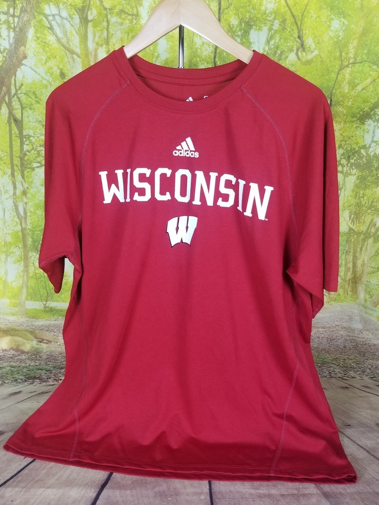 Adidas Mens Climate Red Wisconsin Front Print Stretch Shirt Medium