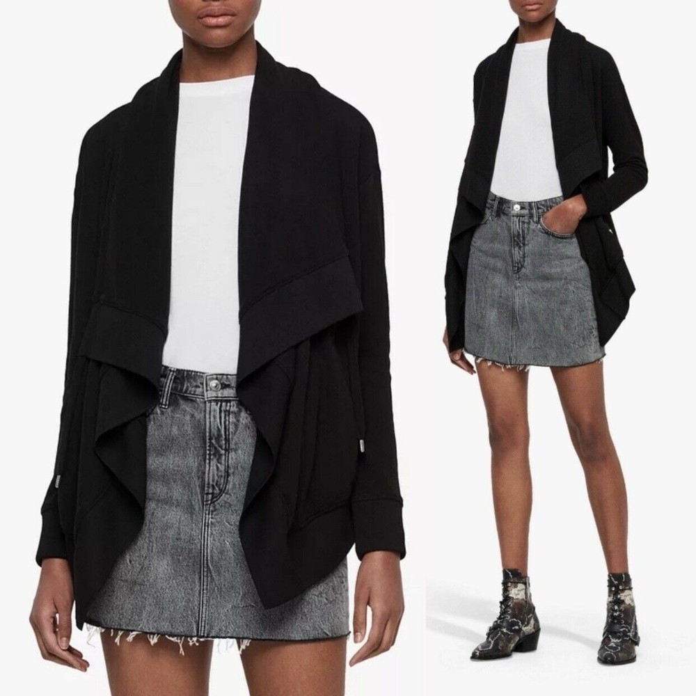 All Saints Drape Brushed Jacket Black Designer Open Front Pockets Waterfal Front