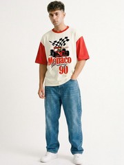 Men Printed Drop-Shoulder Sleeves Applique T-shirt