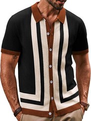 Mens Vintage Striped Knitted Polo Shirt Short Sleeve Button Down Golf Casual Top