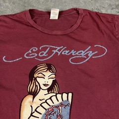 Ed Hardy T Shirt Mens Large Burgandy Y2K Grunge Sexy Lady Distressed Preowned
