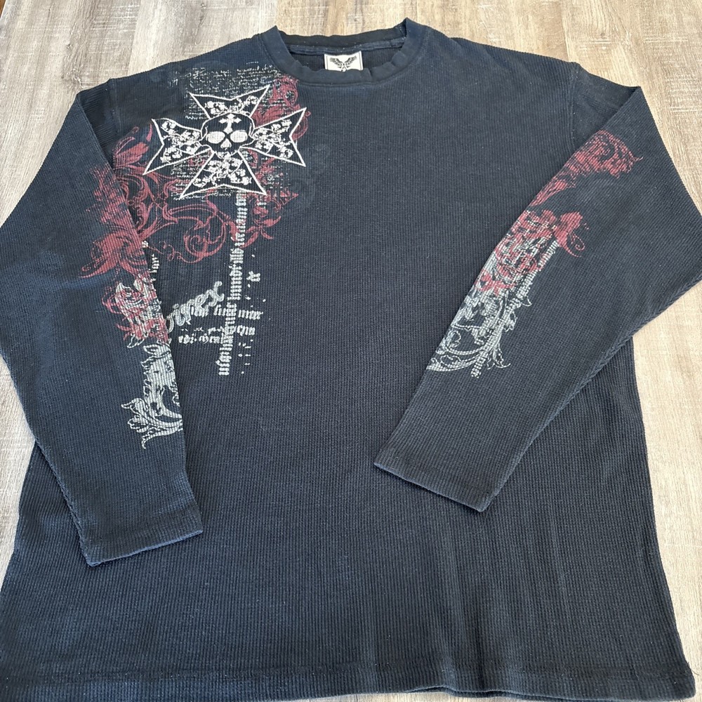 Avirex Shirt Mens 2XL Black Thermal Waffle Knit Graphic Skull Cross Y2K Skate