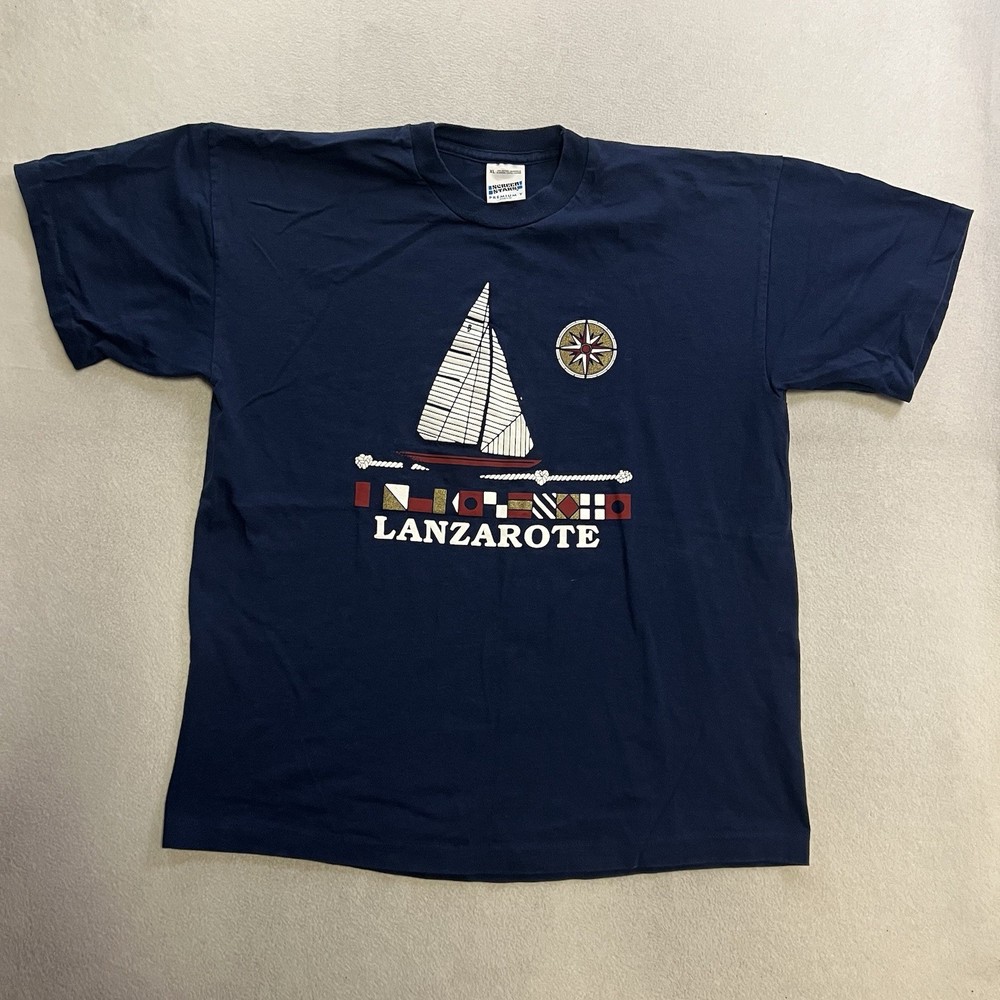 Vintage 90s Single Stitch Lanzarote T-Shirt Men’s Size XL Blue Screen Stars Tee