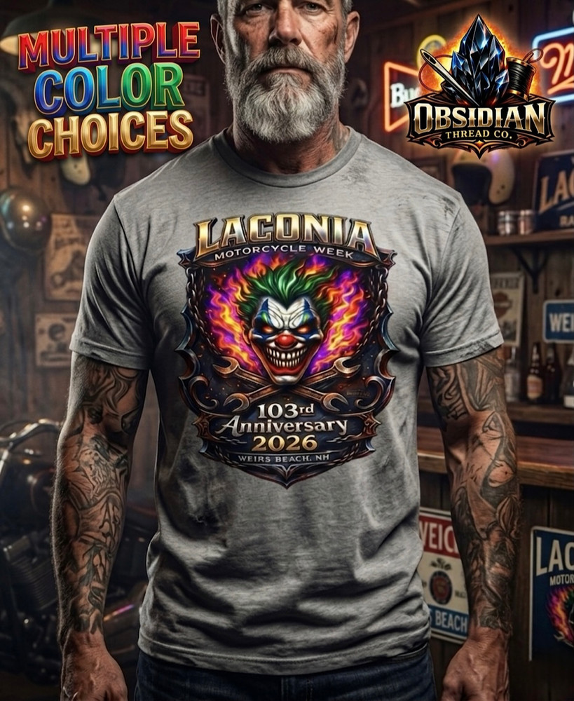 Laconia Motorcycle Week 2026 Shirt 103rd Anniversary Bike Week NH Skull Flames