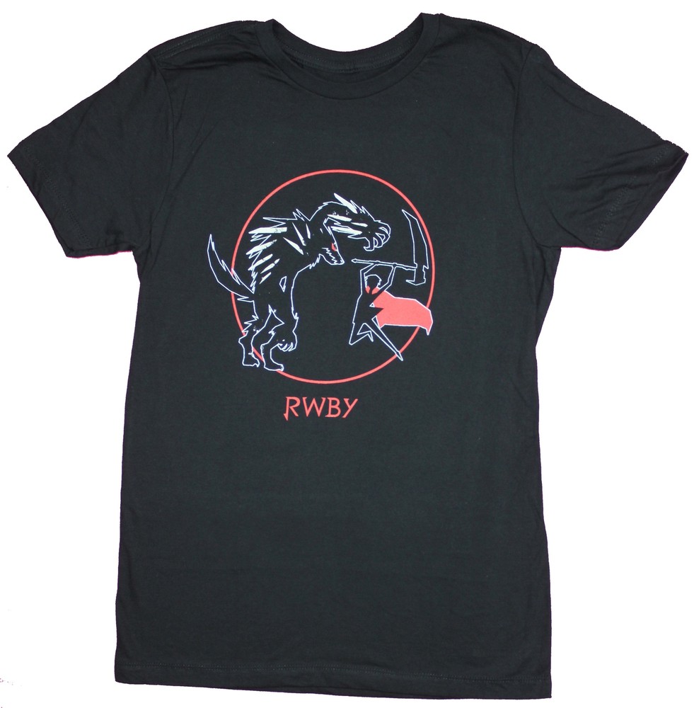 RWBY Mens T-Shirt – Ruby Jumping Attacking Beowolves Circle Image