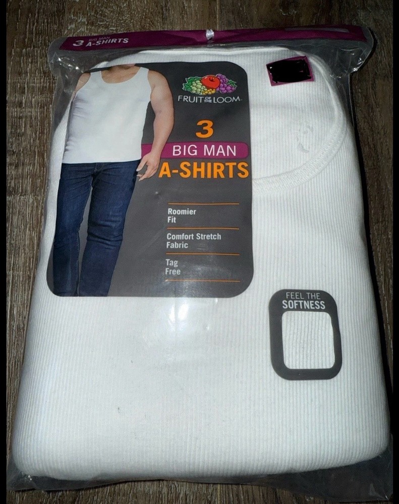 Fruit Of The Loom Mens 3-Pack Tanks Ribbed White Undershirts Cotton Big Man 5XB