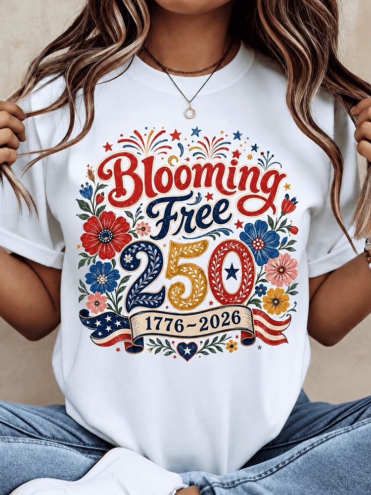 Blooming Free 250 Years T Shirt, Patriotic Flower Ribbon Graphic Tee