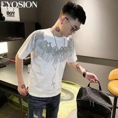 New Fashion Wings Trend Rhinestone Summer Short Sleeve Luxury Men Cotton T-Shirt