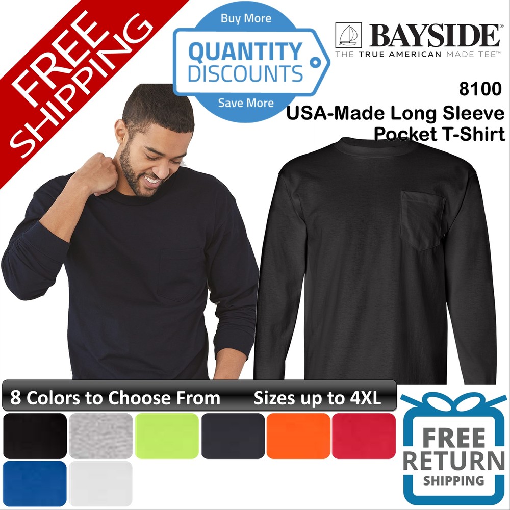 Bayside Men Usa-made Long Sleeve Chest Pocket Pre-shrunk T-shirt Up To 4XL 8100