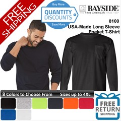 Bayside Men Usa-made Long Sleeve Chest Pocket Pre-shrunk T-shirt Up To 4XL 8100