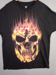 Flaming Skull on Black T-shirt XL 46-48 chest 30″ length by Celebrate Halloween