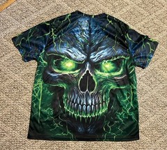Green Flaming Skull All Over Print T-shirt XL Polyester Spandex