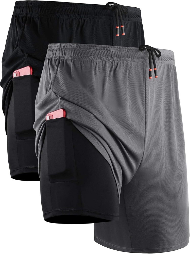NELEUS Men’s 2 in 1 Running Shorts with Medium, 6070 Black/Grey,2 Pack