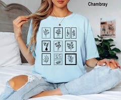 Comfort Tee Whimsical Flower Postage Stamp Shirt Vintage Style