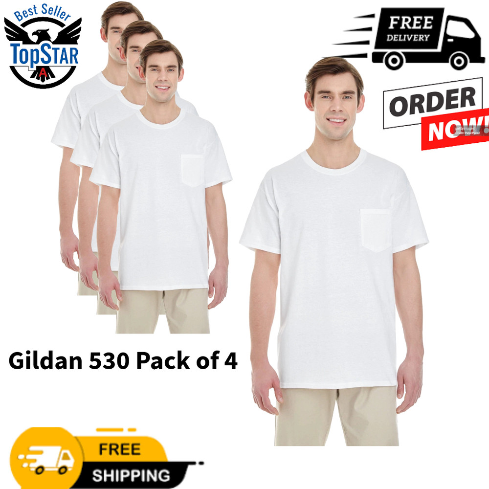 4-Pack White Gildan Unisex Heavy Cotton Pocket Stylish Casual Plain T-Shirt G530