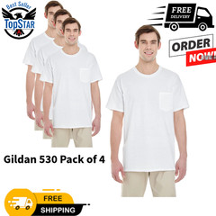 4-Pack White Gildan Unisex Heavy Cotton Pocket Stylish Casual Plain T-Shirt G530