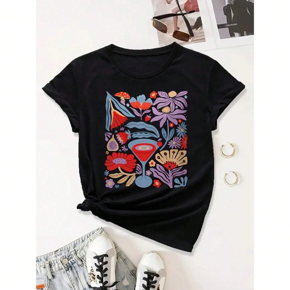 Ladies’ floral printed casual T-shirt, knitted fabric, suitable summer wear