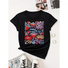 Ladies’ floral printed casual T-shirt, knitted fabric, suitable summer wear