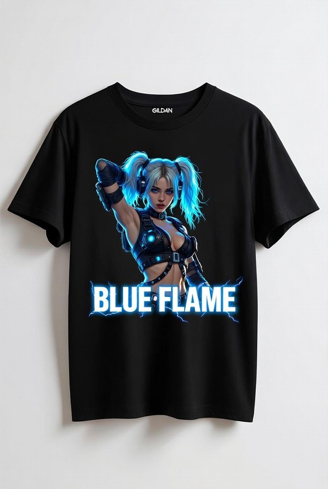 Black Streetwear Tee Blue Flame Sexy Girl Print Unisex Fashion