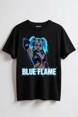 Black Streetwear Tee Blue Flame Sexy Girl Print Unisex Fashion