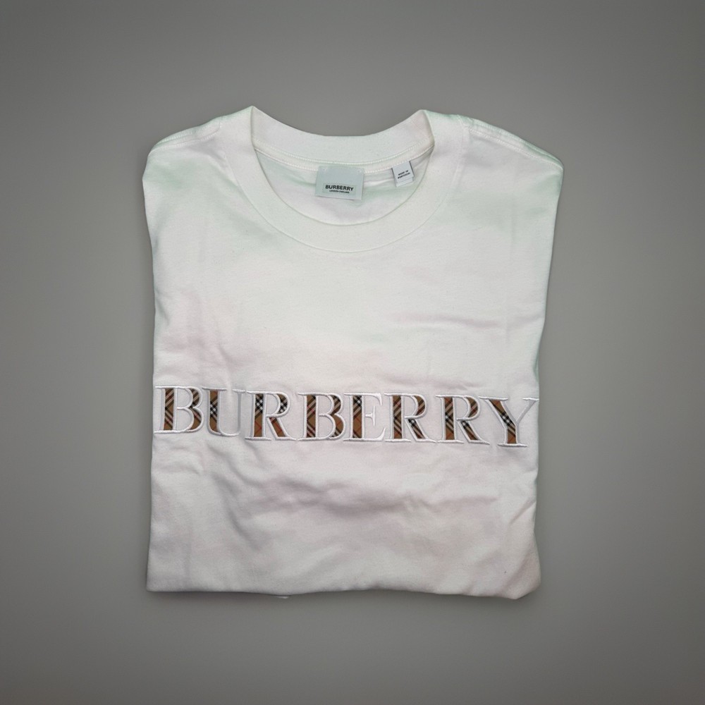 Burberry London England Men’s White Logo T-Shirt Check Print 100% Cotton