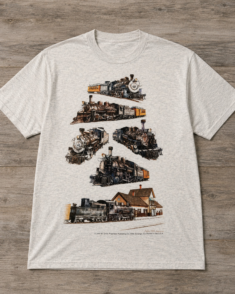 VTG Train Locomotive Graphic T Shirt XL Railroad Railway Art Tee John W. Grow