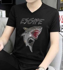 New Men Fashion V-Neck Diamond Shark Rhinestones Luxury Black T-Shirt