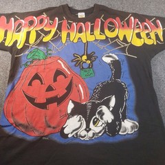 Vintage Happy Halloween AOP T-Shirt XL 1996 Black Cat HUGE Spell Out 90s Tee