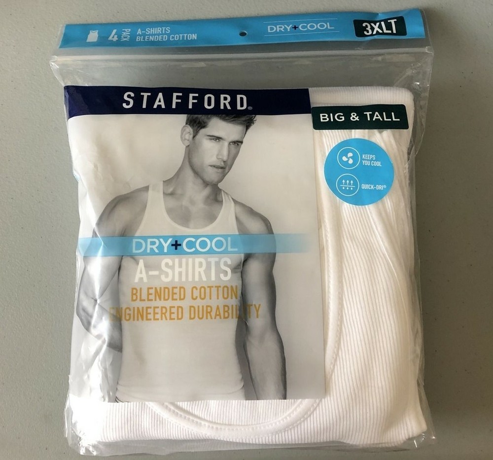 Stafford 4-Pack Men’s Big & Tall Dry+Cool Blended Cotton Tank Top A-Shirt White