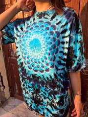 Handmade Ice Dye Mandala T-Shirt Blue Black Tie Dye Psychedelic Festival Tee