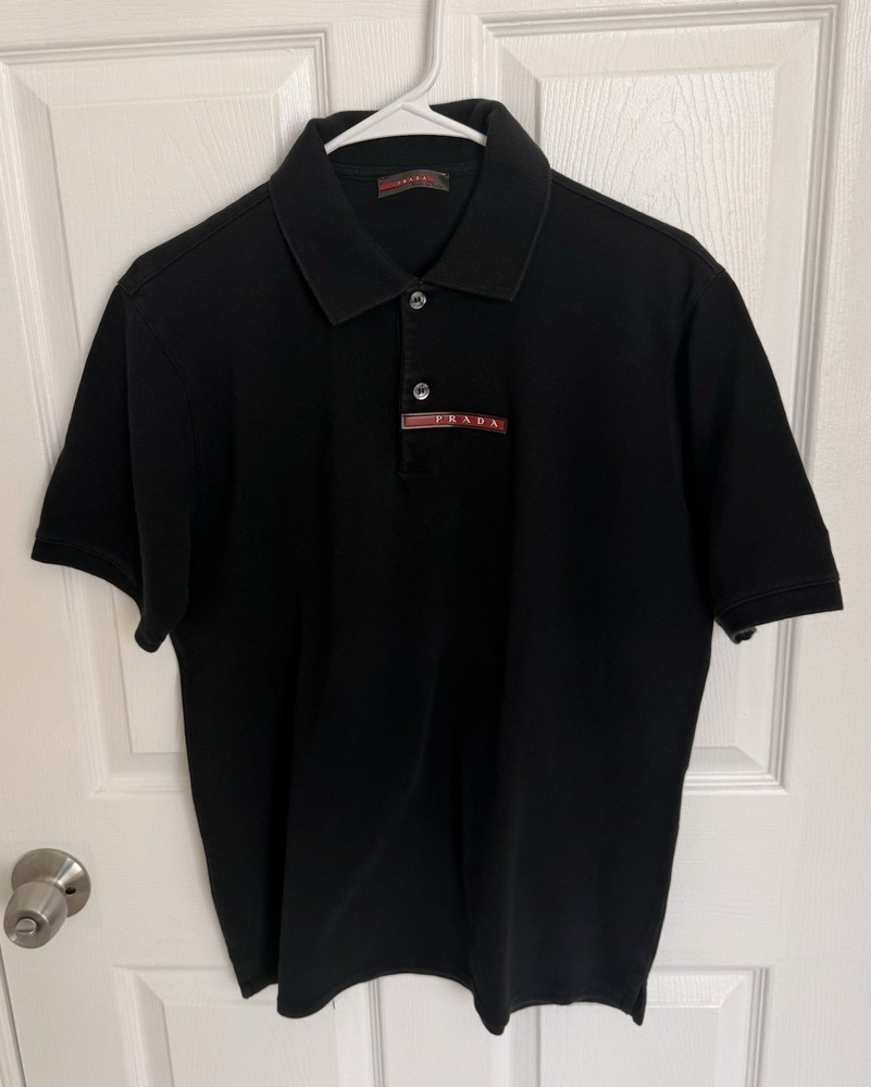 PRADA MEN VINTAGE POLO T SHIRT SIZE L BLACK COLOR RARE