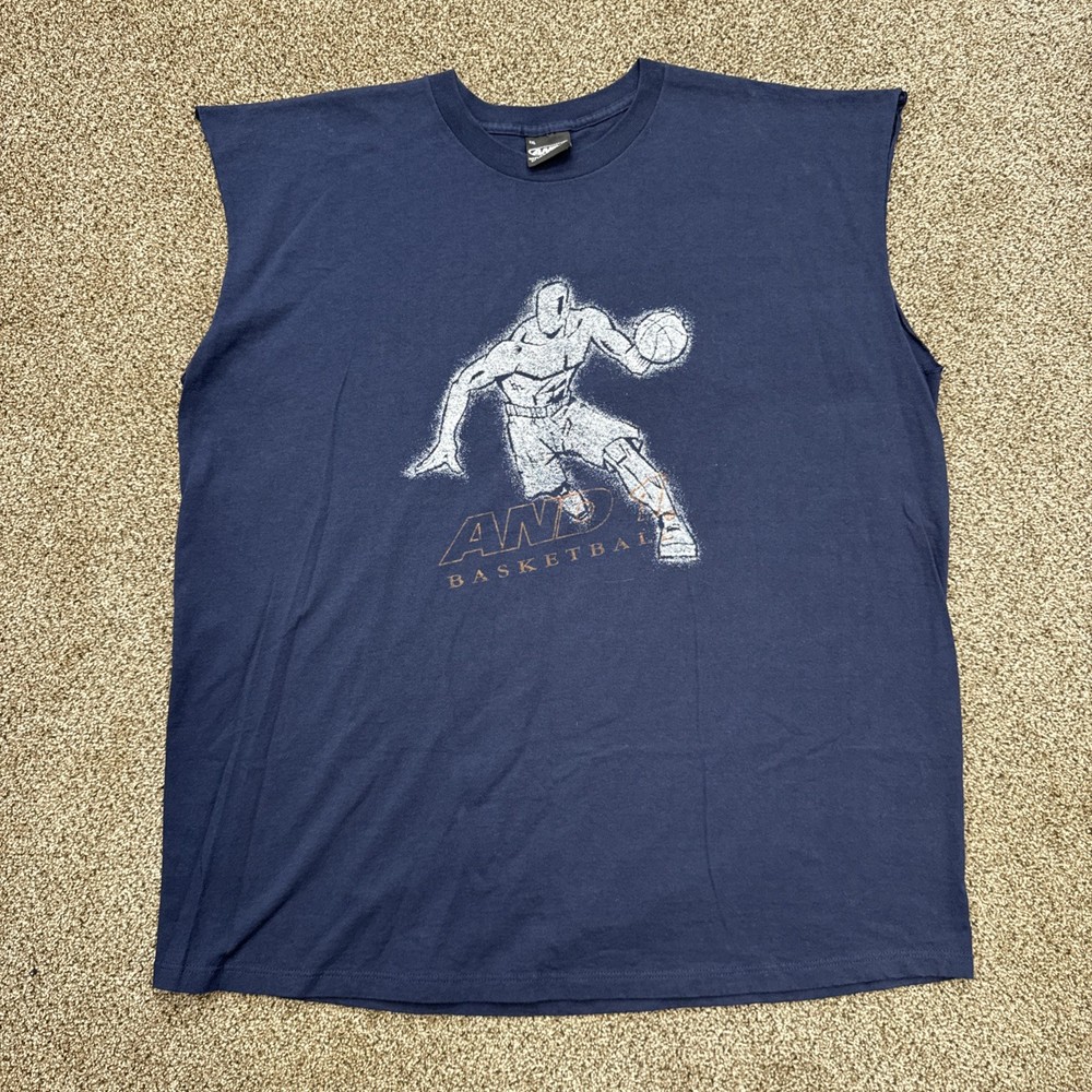 Vintage AND1 Basketball Muscle Shirt Size XXL Sleeveless Navy Blue Made In USA