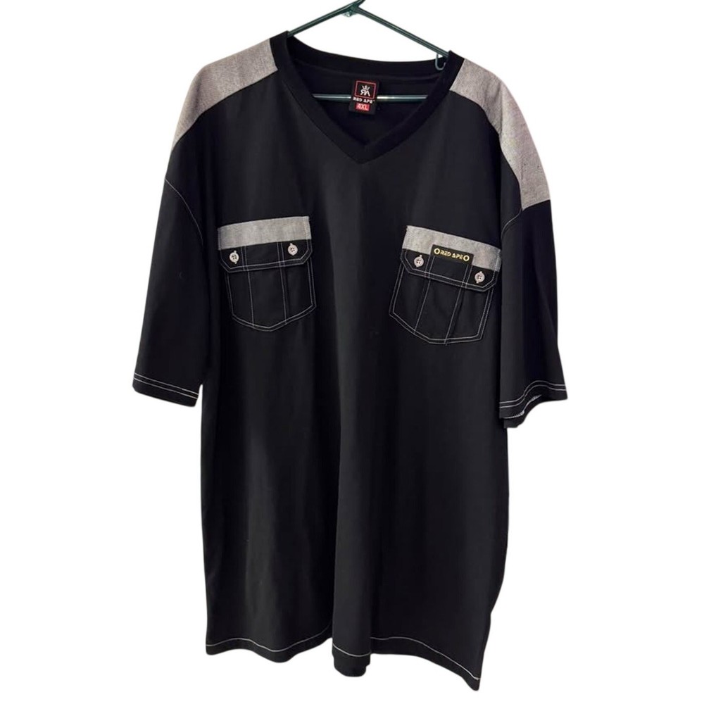Red Ape Men’s 4XL Black V-Neck Utility Pocket Shirt NWT Y2K Streetwear
