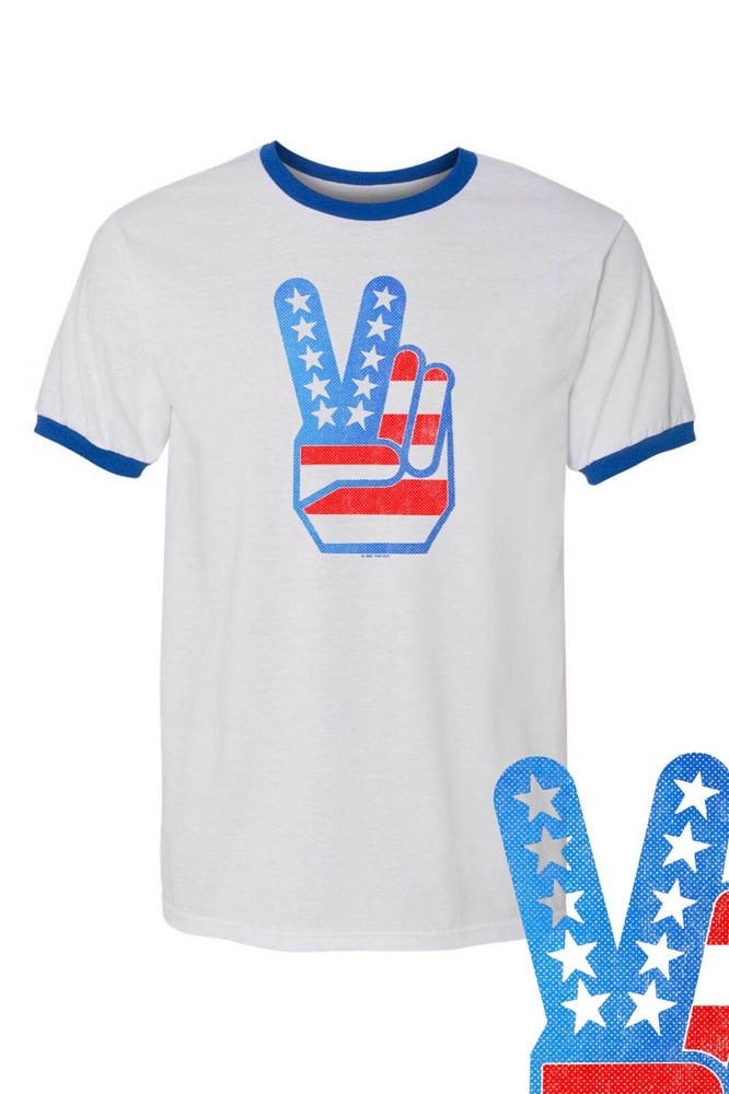 Peace Fingers Flag Retro Vintage 4th July RINGER Tee FREE SHIP USA Patriot