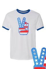 Peace Fingers Flag Retro Vintage 4th July RINGER Tee FREE SHIP USA Patriot