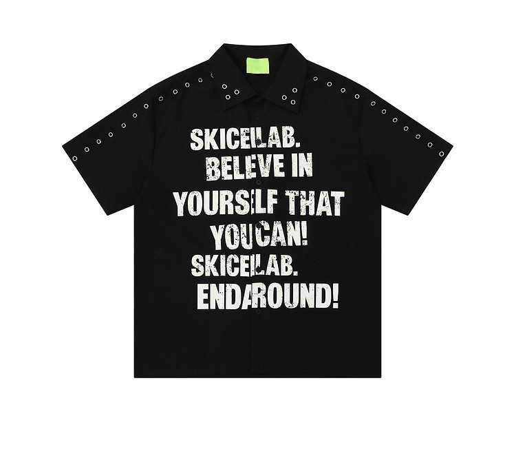 Studded Collar Graphic Polo Shirt Men Y2K Streetwear Oversized Cotton M-2XL