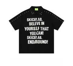 Studded Collar Graphic Polo Shirt Men Y2K Streetwear Oversized Cotton M-2XL