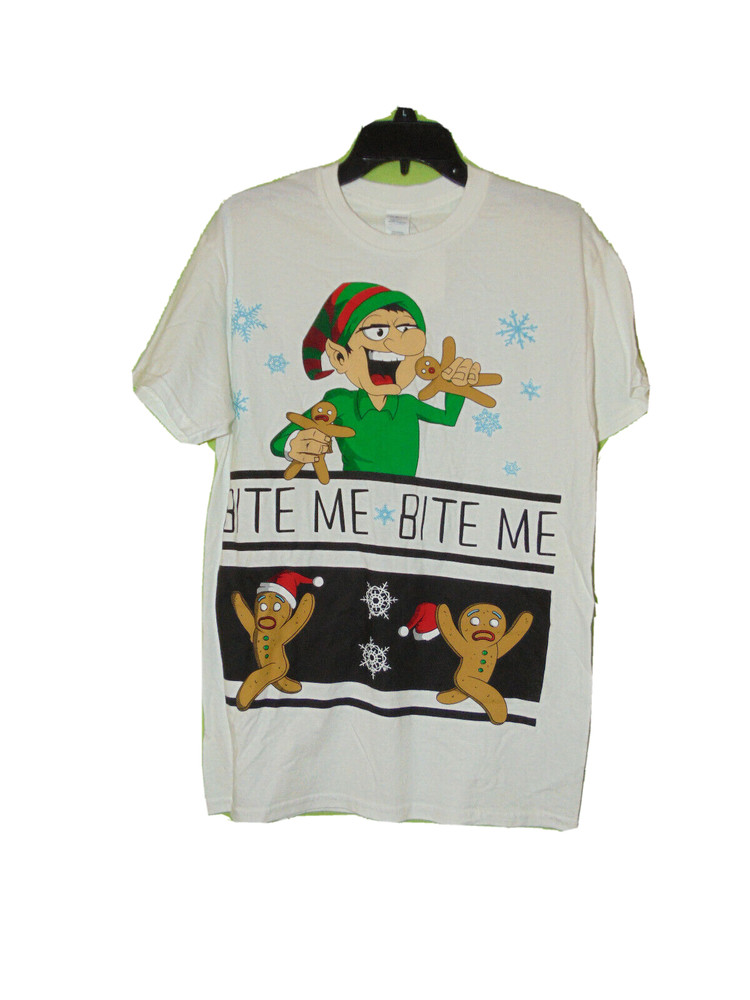 NEW “Bite Me” Christmas Elf T-Shirt Gingerbread Man Funny Holiday Tee Medium M