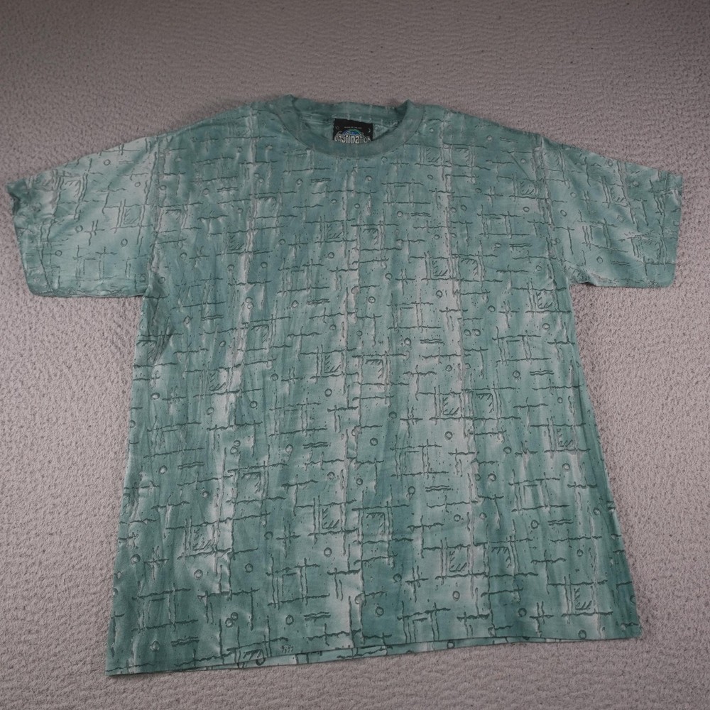 Vintage Art Shirt Mens Medium Green Abstract Geometric Retro 90s Single Stitch