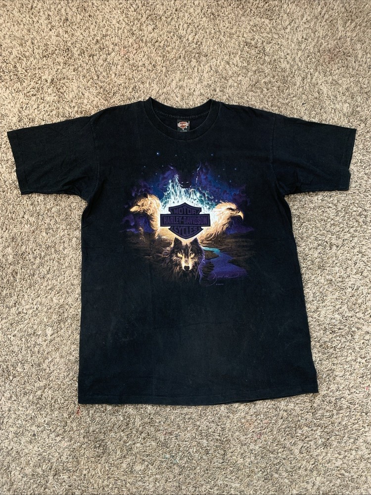 Vintage 95 Single Stitch Alaska Wildlife Flame Harley Davidson USA Made Shirt XL