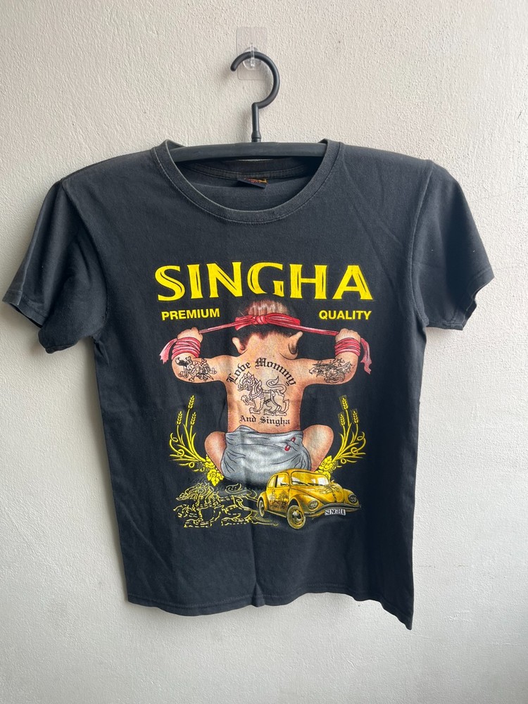 Vintage Singha Beer Baby Tattoo T-Shirt Black 18×26 Size M Distressed Thrashed