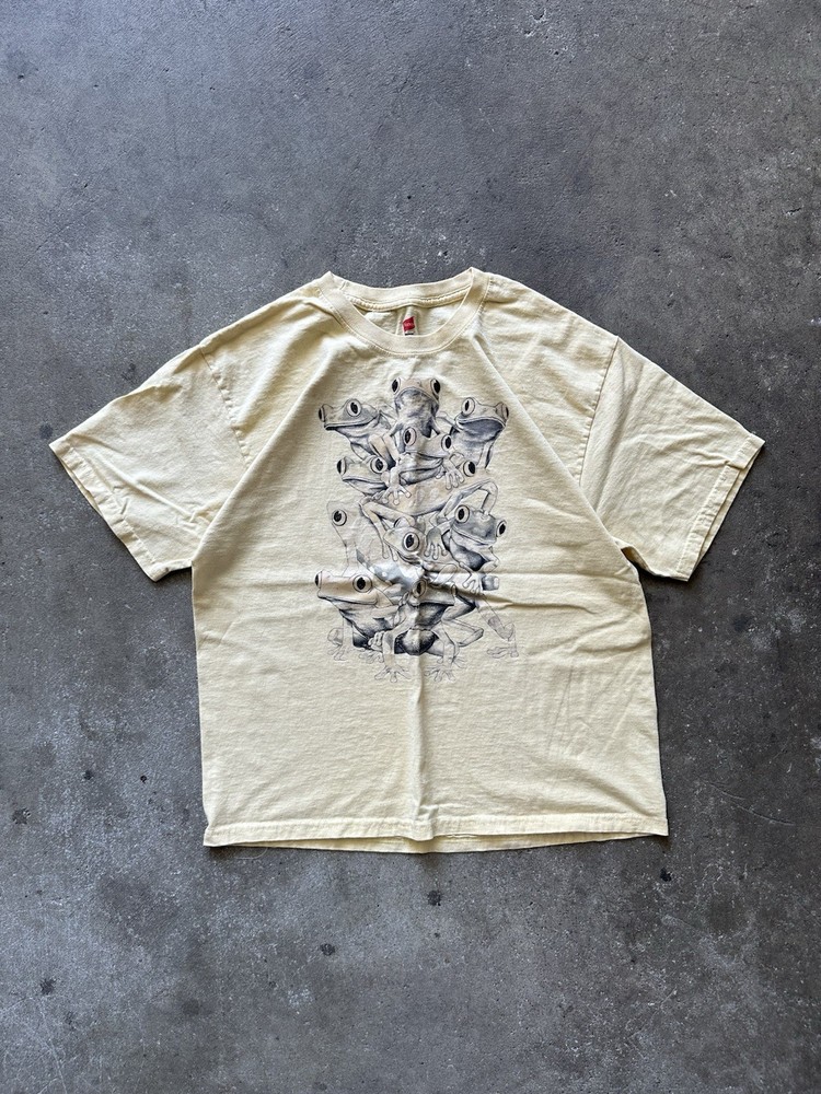 Vintage 2000s Y2K Frog Nature Animals Outdoors Graphic T Shirt Yellow Sz Boxy L