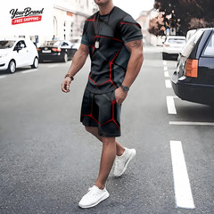 Plus Size Irregular Geometric T-Shirt Shorts 2-Piece Set Quick Drying Loose Men’
