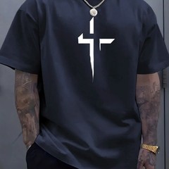Men T Shirt 100% Cotton Round Neck Short Sleeve Cross Print Plus Size Loose Fit
