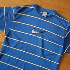 Nike 90s Striped T Shirt Blue Embroidered Center Swoosh Vintage Size M Sporty