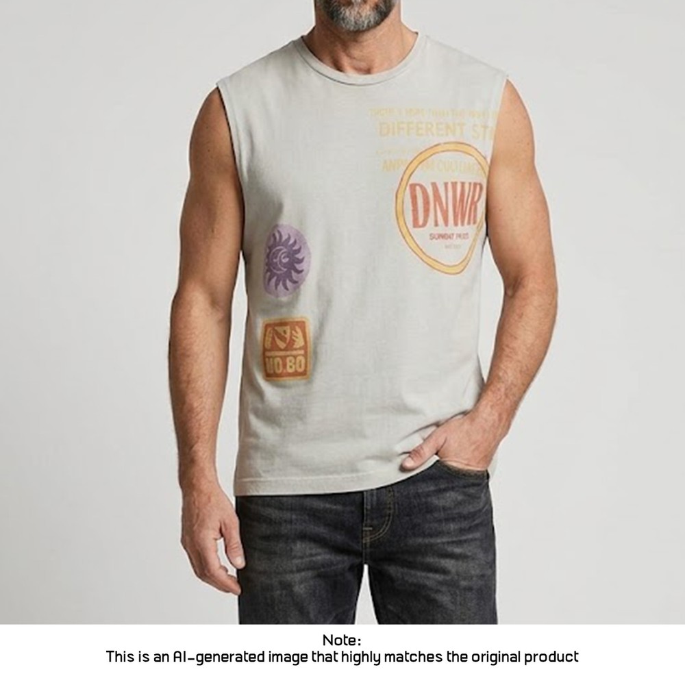 ZARA Men’s Sleeveless Graphic T-Shirt Tank Top Size L Gray DNWR 1975 Retro Print