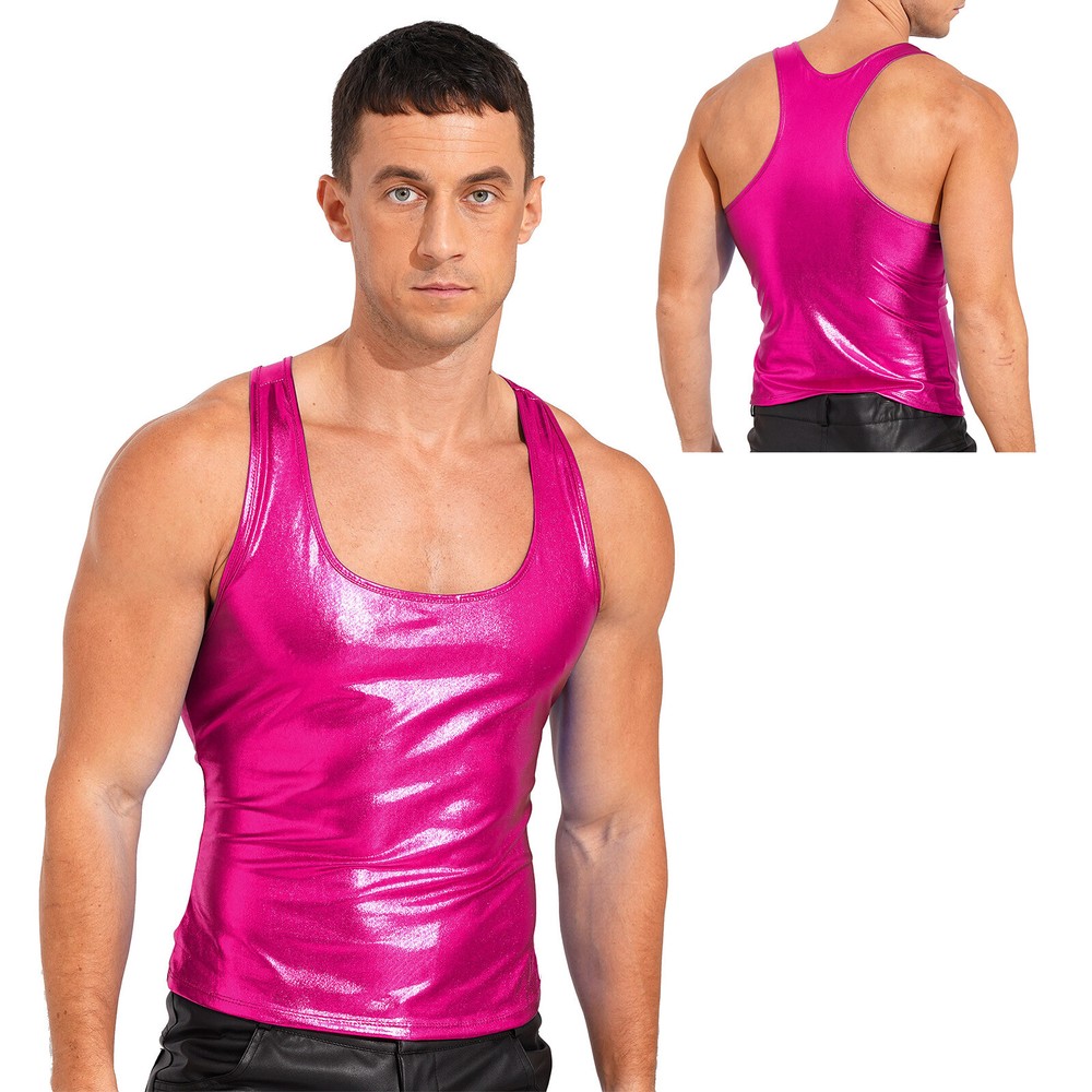 Mens Shiny Metallic Sleeveless Racer Back Slim Fit Camisole Tank Tops Vest Tops