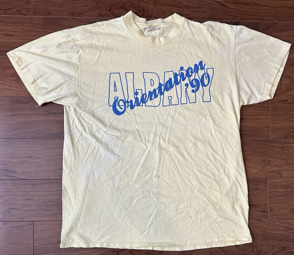 Vintage 1990 SUNY University At Albany NY Orientation Yellow T-Shirt XL USA Made