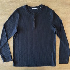 VINCE Men’s Long-Sleeve Ribbed Knit Henley Top-Black-Crewneck Casual Basic-Sz XL