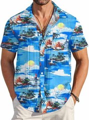 Men Casual Button Down Short Sleeve Textured Summer Beach Shirt with Pocket